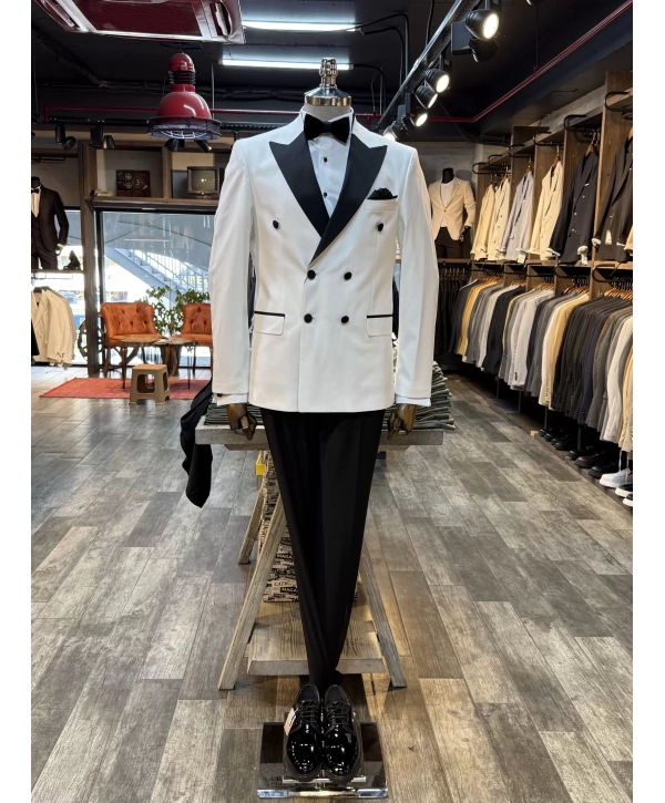 Erkek Dar Kesim Slimfit Kruvaze Damatlık Takım Elbise-Beyaz-Siyah