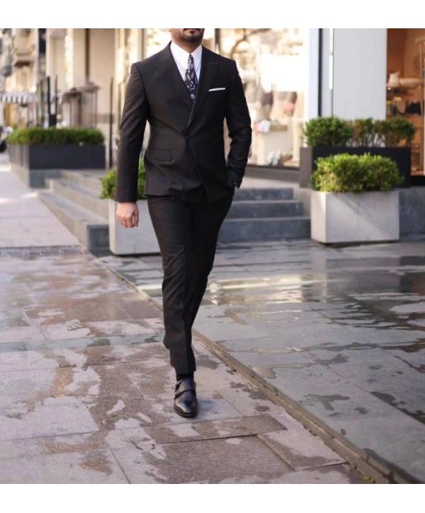 Erkek Dar Kesim Slimfit Kruvaze Tek Dügme Takım Elbise - Siyah