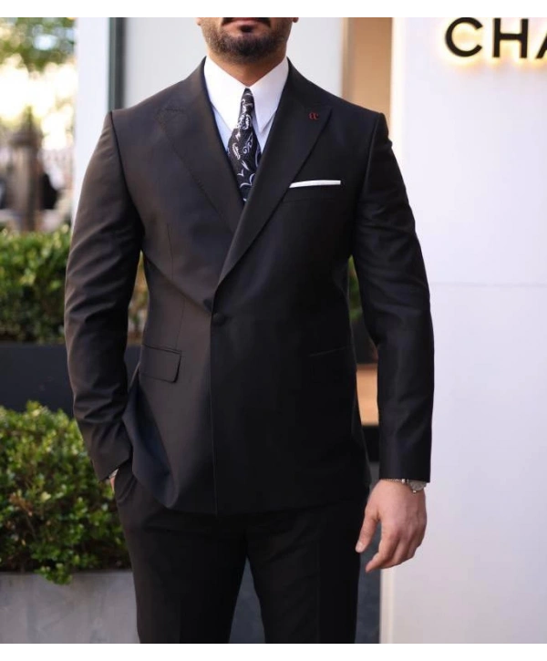 Erkek Dar Kesim Slimfit Kruvaze Tek Dügme Takım Elbise - Siyah