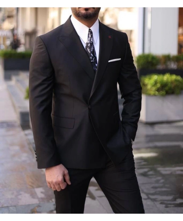 Erkek Dar Kesim Slimfit Kruvaze Tek Dügme Takım Elbise - Siyah