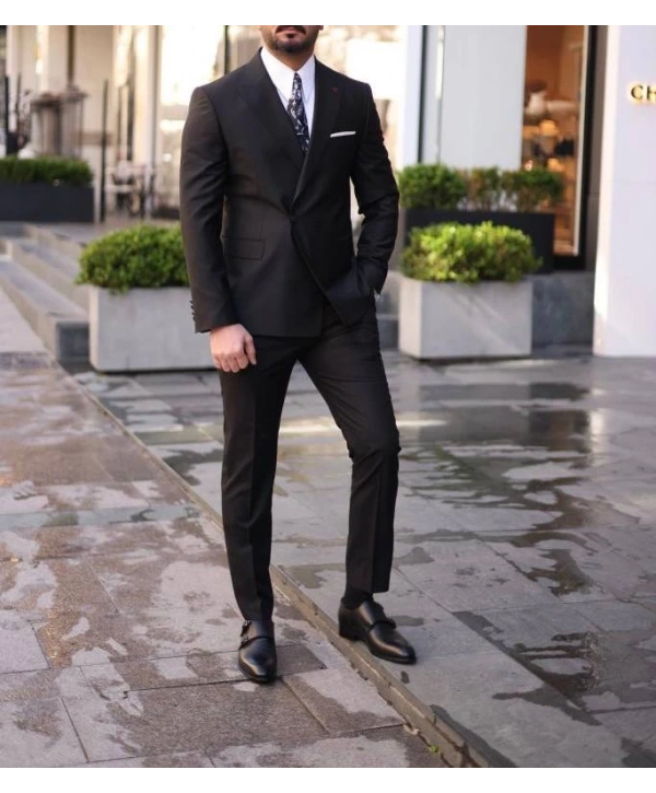 Erkek Dar Kesim Slimfit Kruvaze Tek Dügme Takım Elbise - Siyah