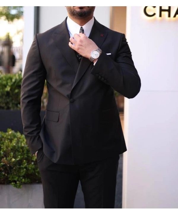 Erkek Dar Kesim Slimfit Kruvaze Tek Dügme Takım Elbise - Siyah