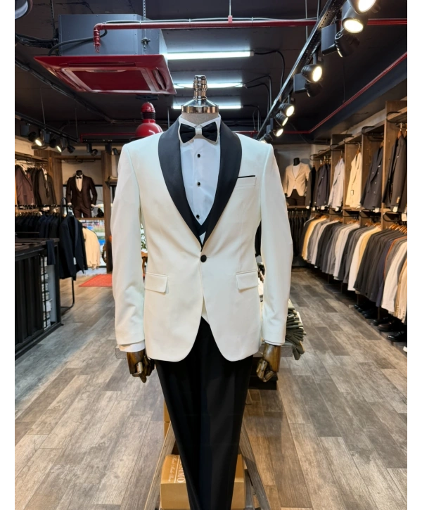 Erkek Dar Kesim Slimfit Şal Yaka Damatlık Takım Elbise-Beyaz