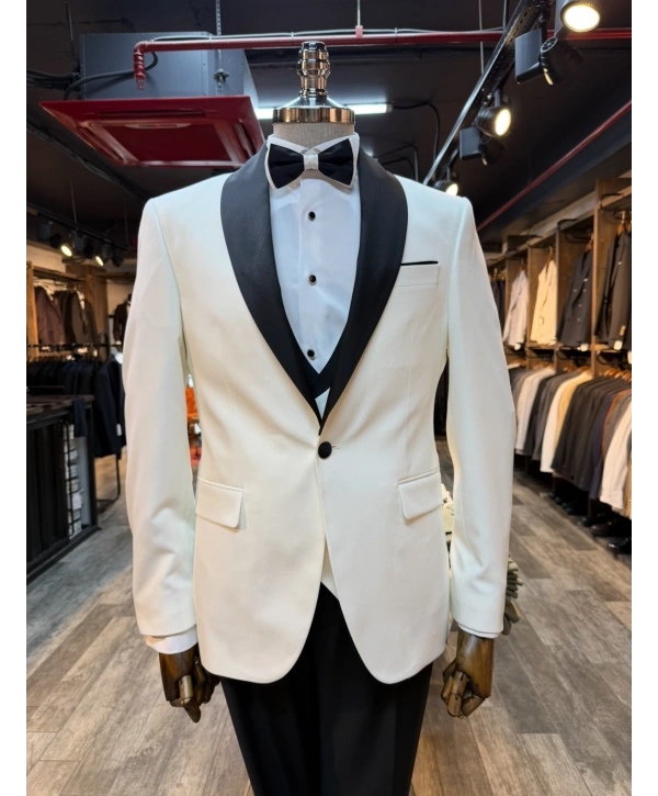 Erkek Dar Kesim Slimfit Şal Yaka Damatlık Takım Elbise-Beyaz