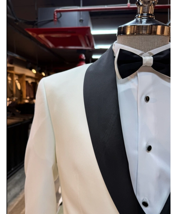 Erkek Dar Kesim Slimfit Şal Yaka Damatlık Takım Elbise-Beyaz