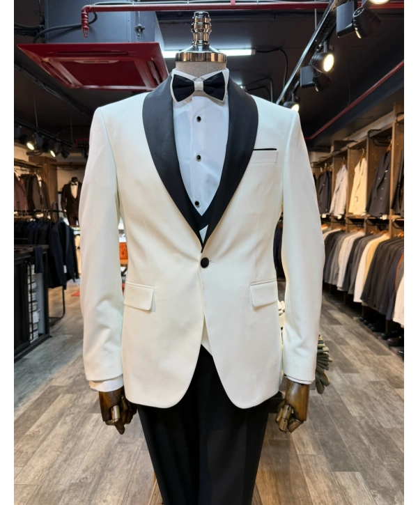 Erkek Dar Kesim Slimfit Şal Yaka Damatlık Takım Elbise-Beyaz