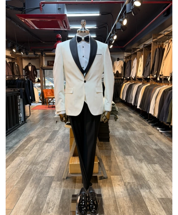 Erkek Dar Kesim Slimfit Şal Yaka Damatlık Takım Elbise-Beyaz