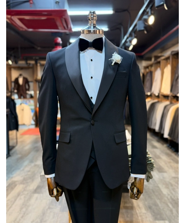 Erkek Dar Kesim Slimfit Şal Yaka Damatlık Takım Elbise-Siyah