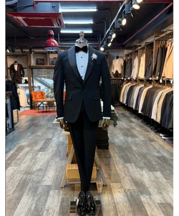 Erkek Dar Kesim Slimfit Şal Yaka Damatlık Takım Elbise-Siyah