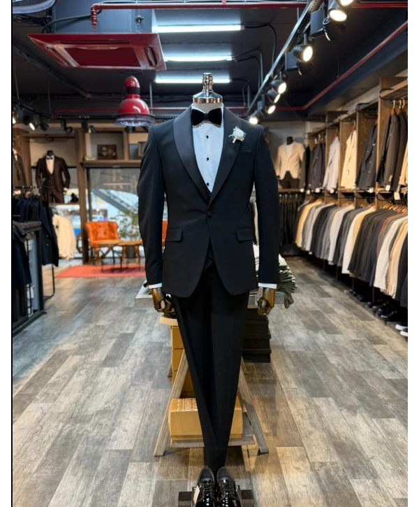 Erkek Dar Kesim Slimfit Şal Yaka Damatlık Takım Elbise-Siyah