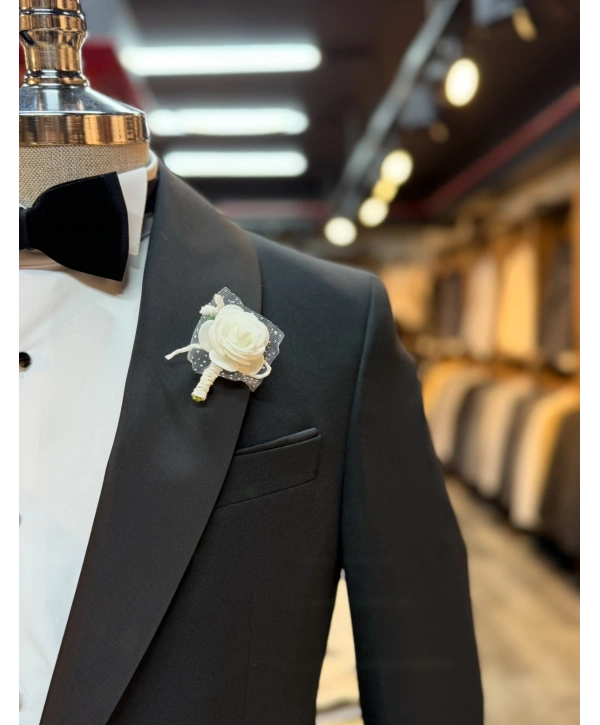 Erkek Dar Kesim Slimfit Şal Yaka Damatlık Takım Elbise-Siyah