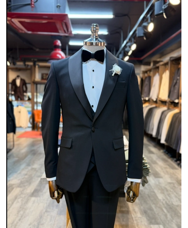 Erkek Dar Kesim Slimfit Şal Yaka Damatlık Takım Elbise-Siyah