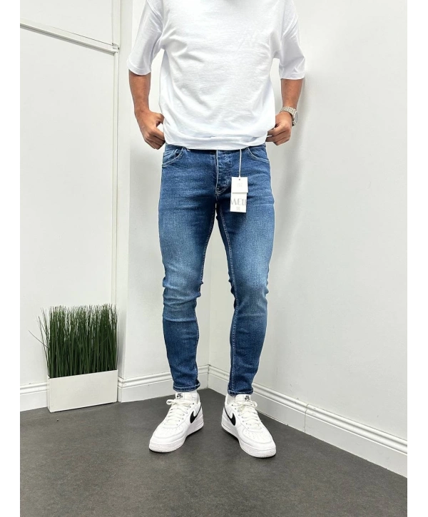 Erkek Dar Kesim Slimfit Taşlamalı Kot Pantolon- Koyu Mavi