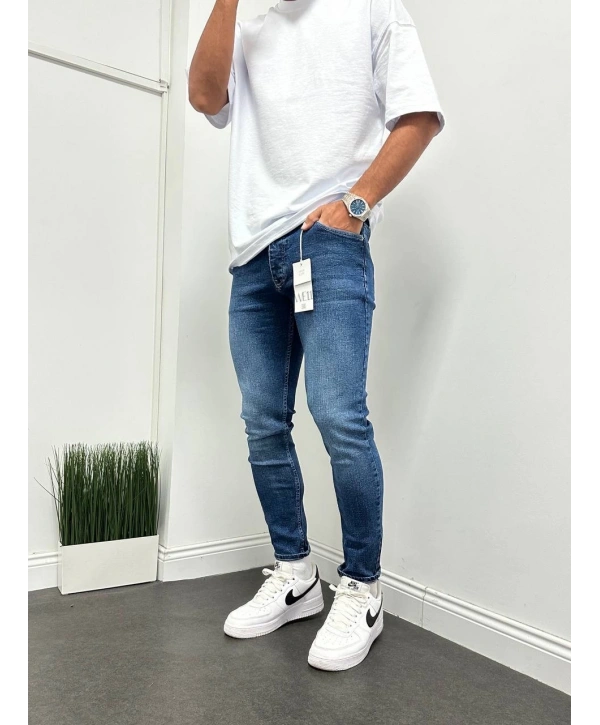 Erkek Dar Kesim Slimfit Taşlamalı Kot Pantolon- Koyu Mavi