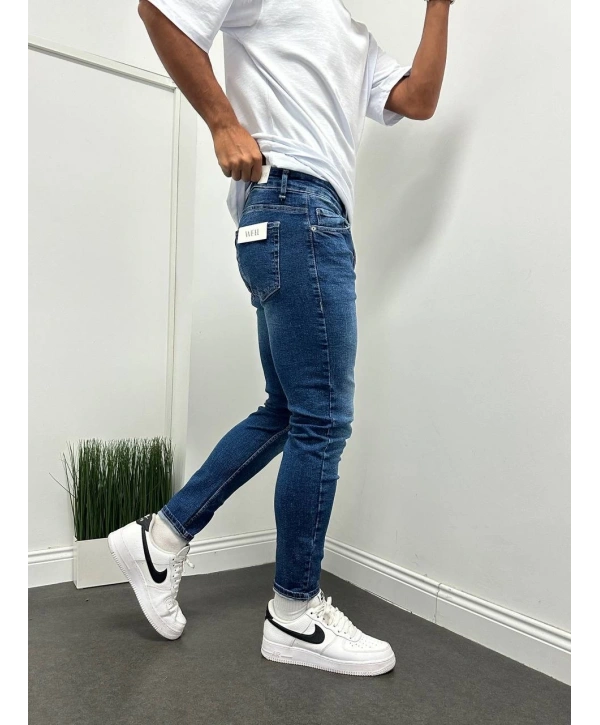 Erkek Dar Kesim Slimfit Taşlamalı Kot Pantolon- Koyu Mavi