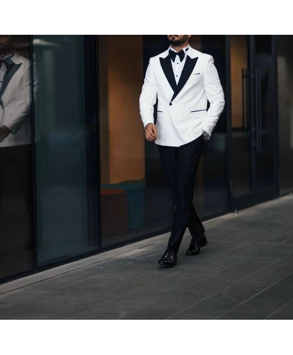 Erkek Dar Kesim Slimfit Yelekli Kırlangıç Yaka DamatlıkTakım Elbise-Beyaz