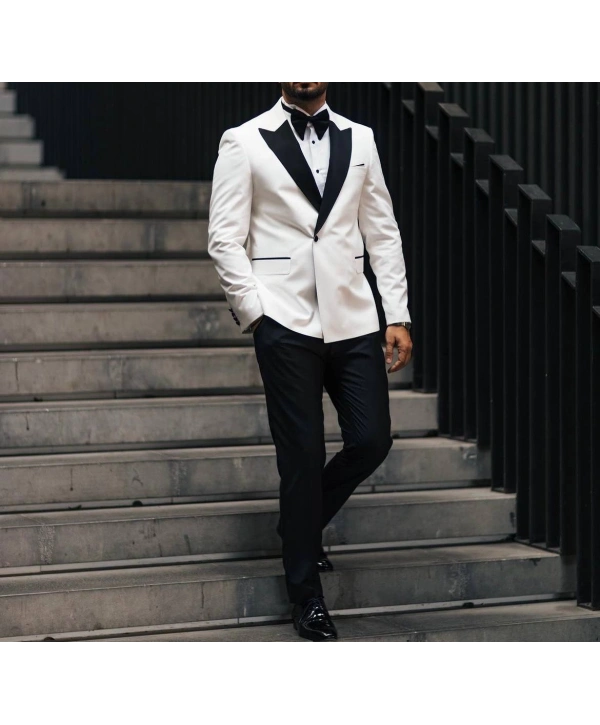 Erkek Dar Kesim Slimfit Yelekli Kırlangıç Yaka DamatlıkTakım Elbise-Beyaz