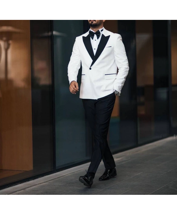 Erkek Dar Kesim Slimfit Yelekli Kırlangıç Yaka DamatlıkTakım Elbise-Beyaz