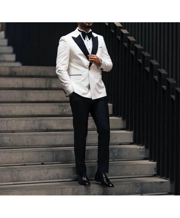 Erkek Dar Kesim Slimfit Yelekli Kırlangıç Yaka DamatlıkTakım Elbise-Beyaz