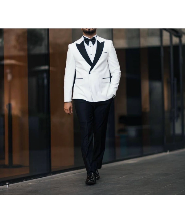 Erkek Dar Kesim Slimfit Yelekli Kırlangıç Yaka DamatlıkTakım Elbise-Beyaz