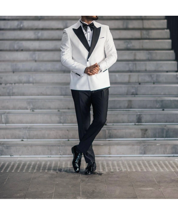 Erkek Dar Kesim Slimfit Yelekli Kırlangıç Yaka DamatlıkTakım Elbise-Beyaz