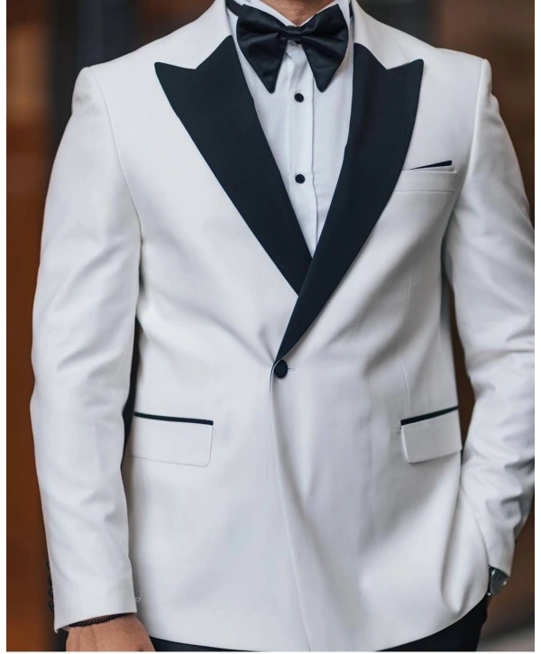 Erkek Dar Kesim Slimfit Yelekli Kırlangıç Yaka DamatlıkTakım Elbise-Beyaz