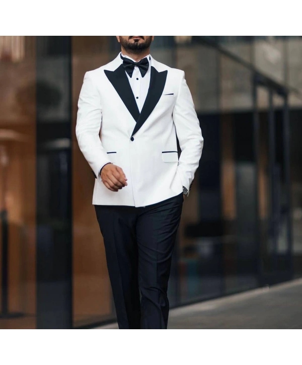 Erkek Dar Kesim Slimfit Yelekli Kırlangıç Yaka DamatlıkTakım Elbise-Beyaz