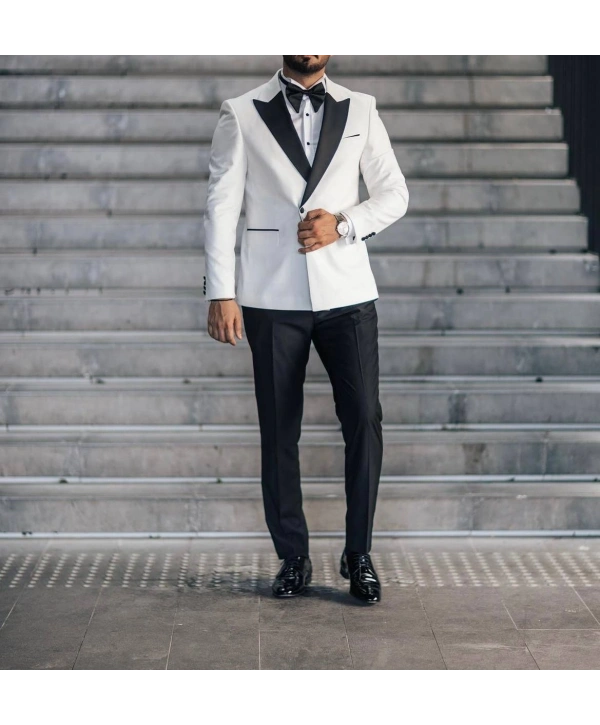 Erkek Dar Kesim Slimfit Yelekli Kırlangıç Yaka DamatlıkTakım Elbise-Beyaz