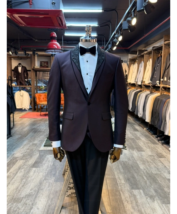 Erkek Dar Kesim Slimfit Yelekli Yakası Çıkabilen Damatlık Takım Elbise-Bordo