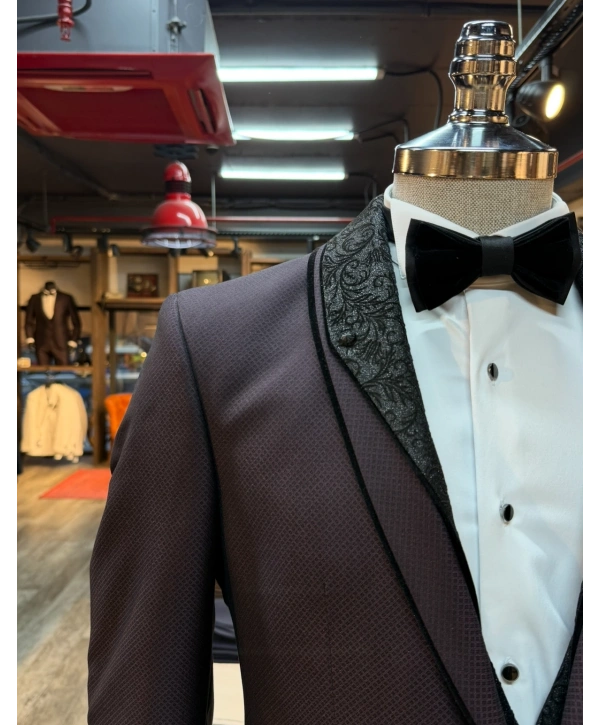 Erkek Dar Kesim Slimfit Yelekli Yakası Çıkabilen Damatlık Takım Elbise-Bordo