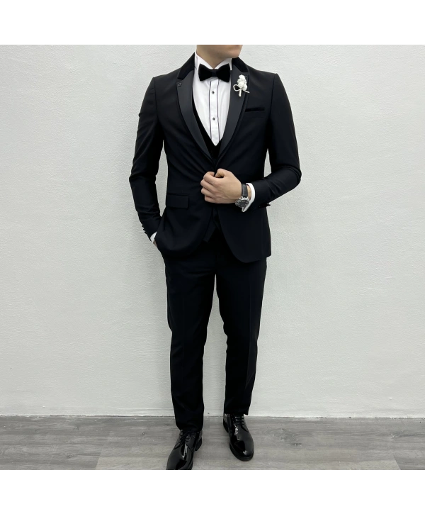 Erkek Dar Kesim Slimfit Yelekli Yakası Çıkabilen Damatlık Takım Elbise-Siyah