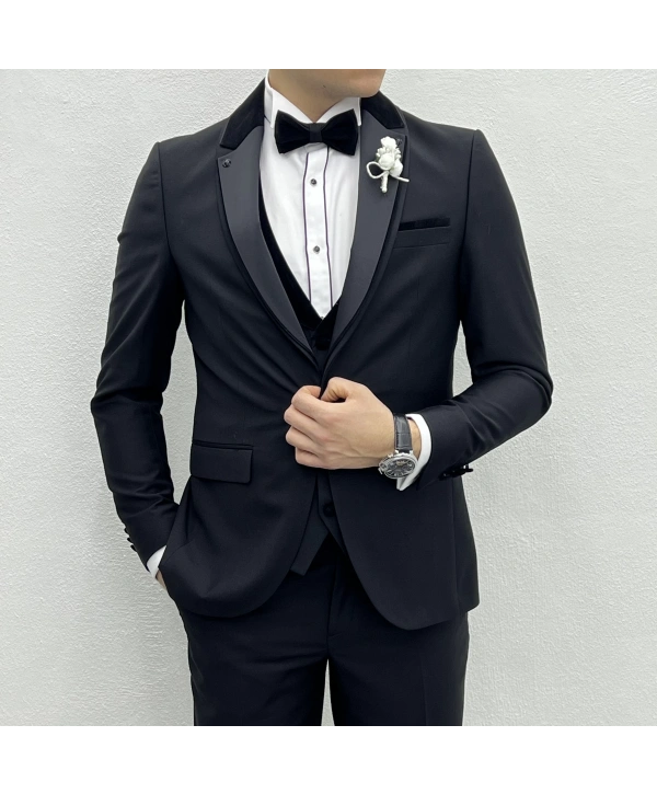 Erkek Dar Kesim Slimfit Yelekli Yakası Çıkabilen Damatlık Takım Elbise-Siyah