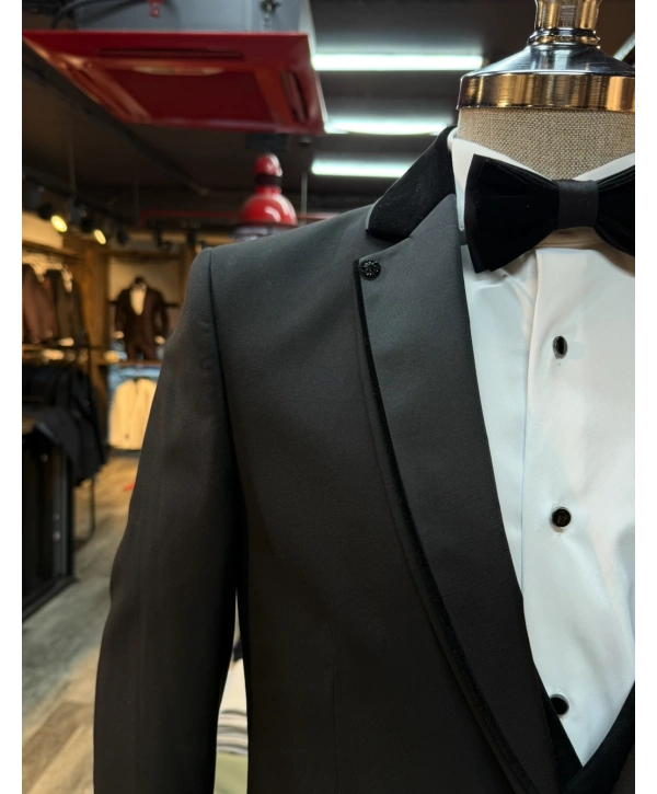 Erkek Dar Kesim Slimfit Yelekli Yakası Çıkabilen Damatlık Takım Elbise-Siyah