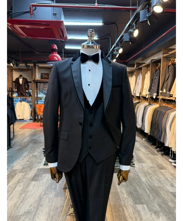 Erkek Dar Kesim Slimfit Yelekli Yakası Çıkabilen Damatlık Takım Elbise-Siyah