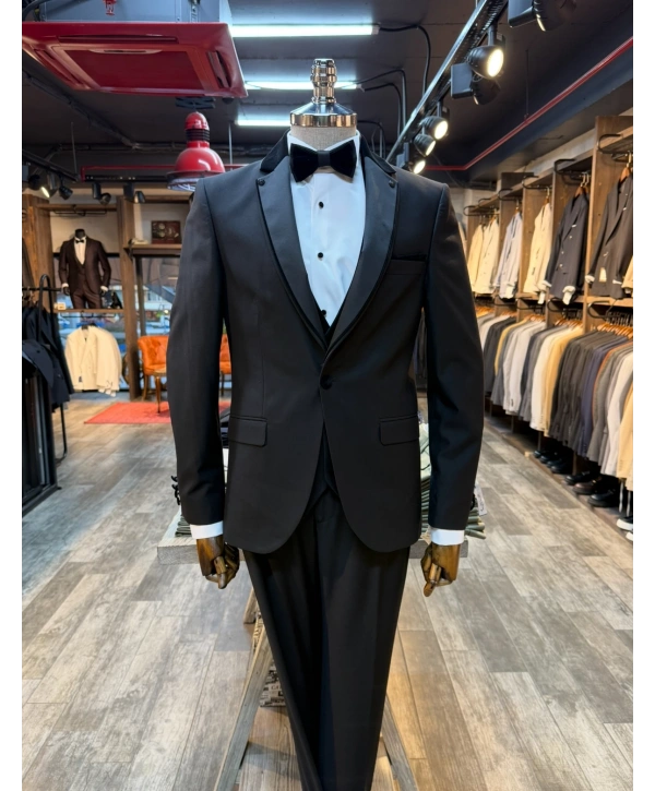 Erkek Dar Kesim Slimfit Yelekli Yakası Çıkabilen Damatlık Takım Elbise-Siyah