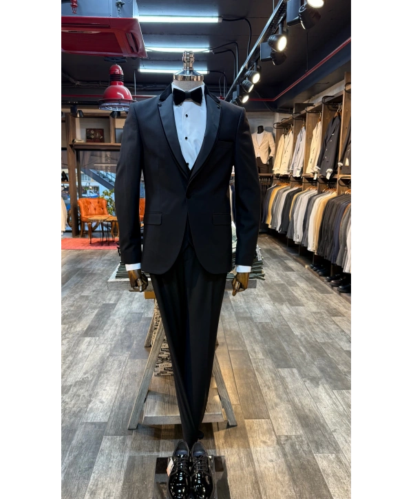 Erkek Dar Kesim Slimfit Yelekli Yakası Çıkabilen Damatlık Takım Elbise-Siyah