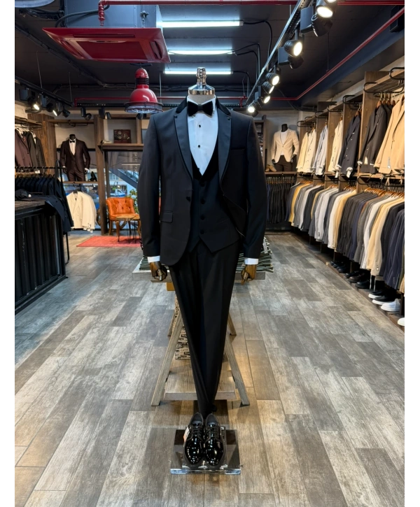 Erkek Dar Kesim Slimfit Yelekli Yakası Çıkabilen Damatlık Takım Elbise-Siyah