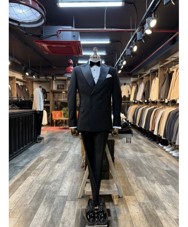 Erkek Dar Kesim Slimft Kruvaze Yaka Damatlık Takım Elbise-Siyah