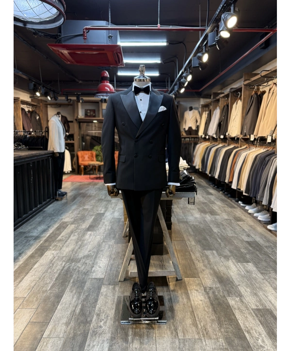 Erkek Dar Kesim Slimft Kruvaze Yaka Damatlık Takım Elbise-Siyah