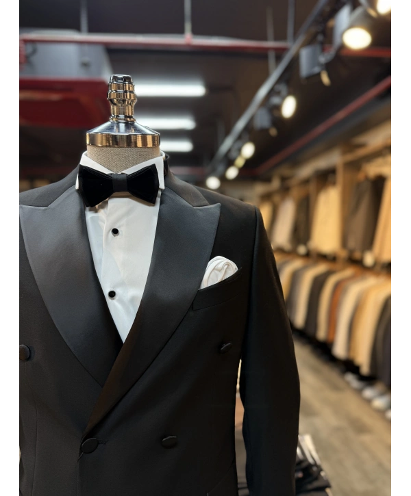 Erkek Dar Kesim Slimft Kruvaze Yaka Damatlık Takım Elbise-Siyah