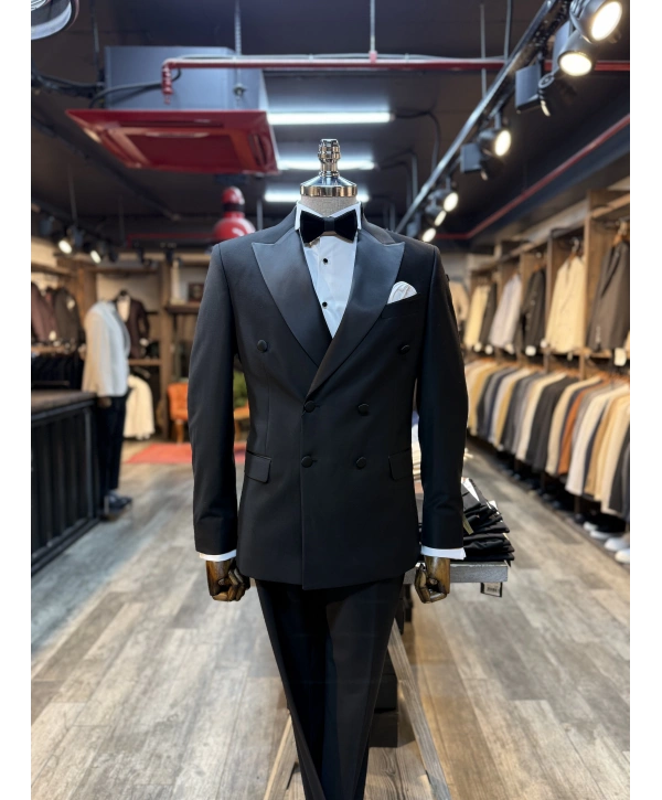 Erkek Dar Kesim Slimft Kruvaze Yaka Damatlık Takım Elbise-Siyah