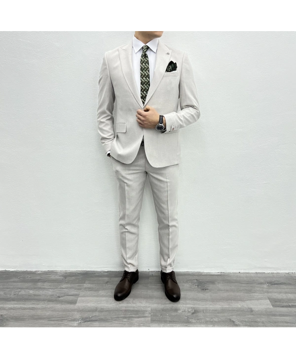 Erkek Dar Kesim Spor Takım Elbise-Krem