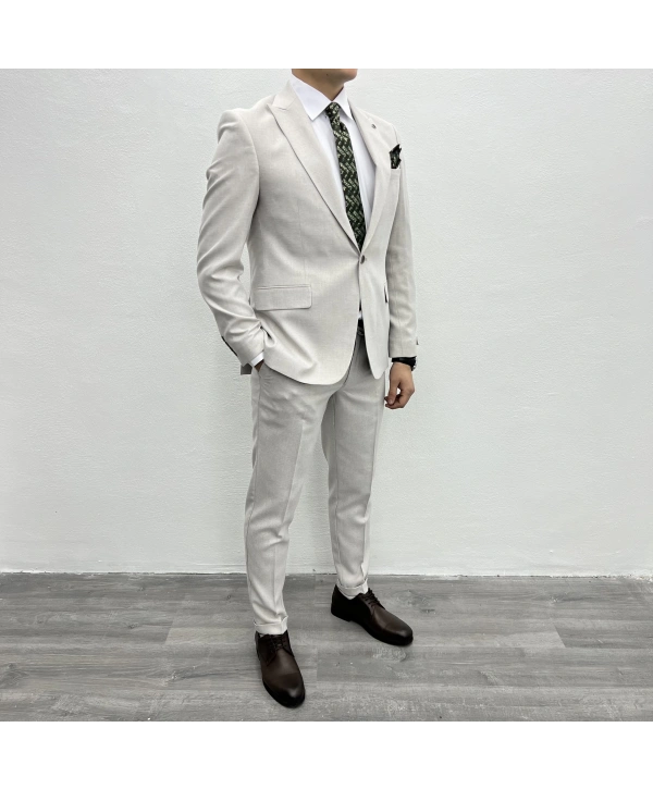 Erkek Dar Kesim Spor Takım Elbise-Krem