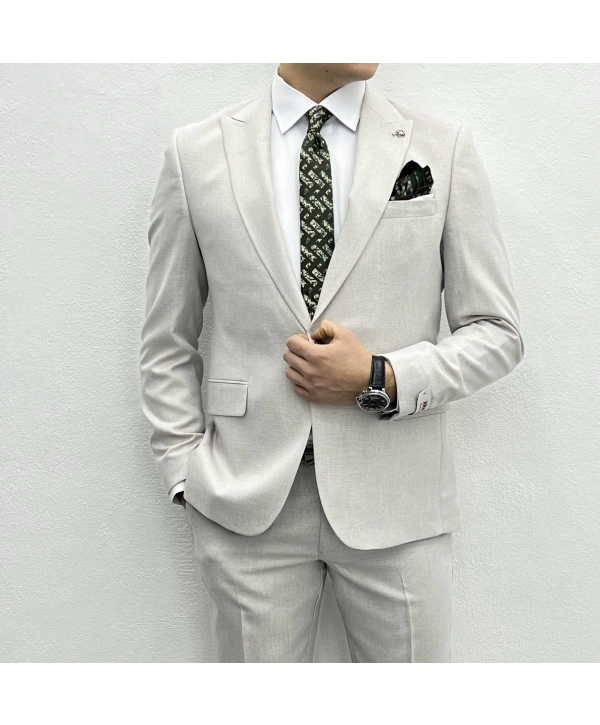 Erkek Dar Kesim Spor Takım Elbise-Krem