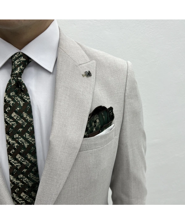 Erkek Dar Kesim Spor Takım Elbise-Krem