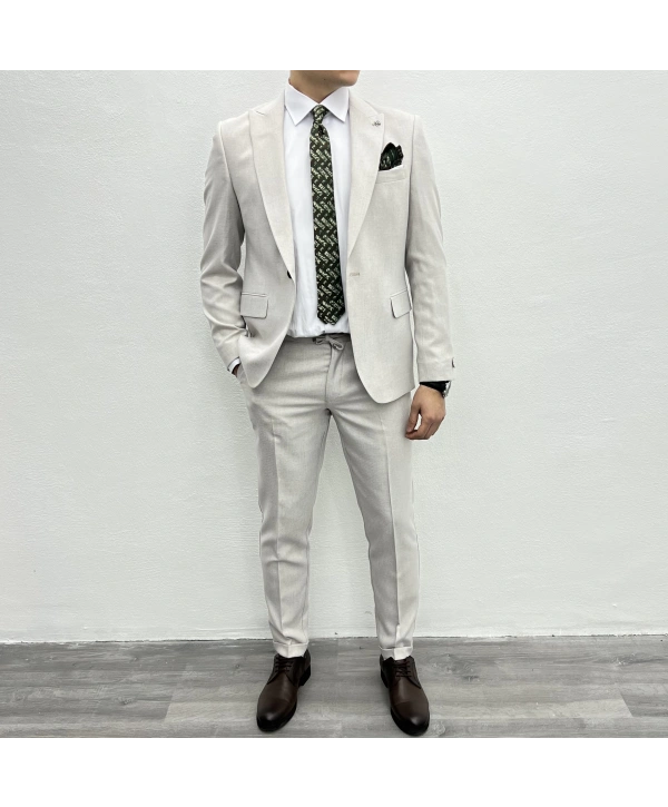 Erkek Dar Kesim Spor Takım Elbise-Krem