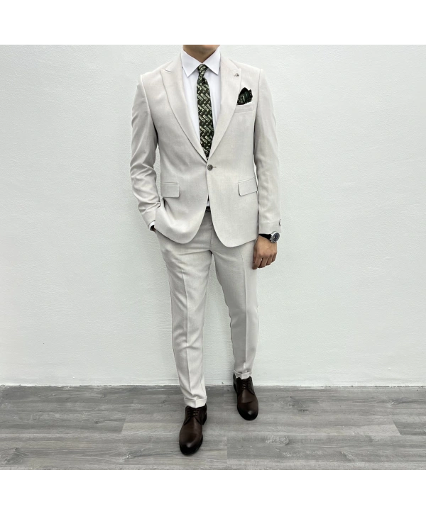 Erkek Dar Kesim Spor Takım Elbise-Krem