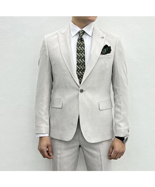 Erkek Dar Kesim Spor Takım Elbise-Krem