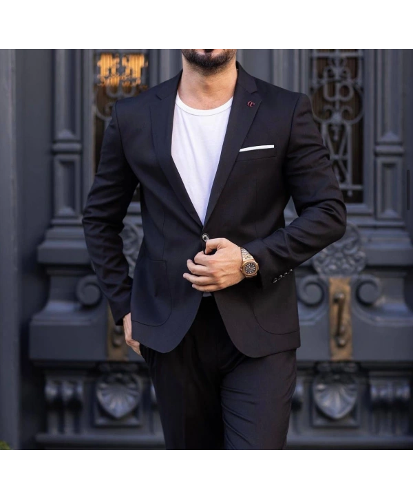 Erkek Dar Kesim Spor Takım Elbise -Siyah