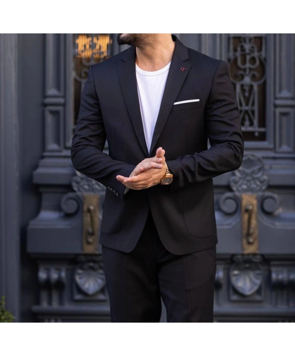 Erkek Dar Kesim Spor Takım Elbise -Siyah